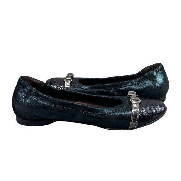 AGL Womens 38/8 Monika Black Blue Italian Leather Croc Cap Toe Flats Shimmer - Picture 1 of 16
